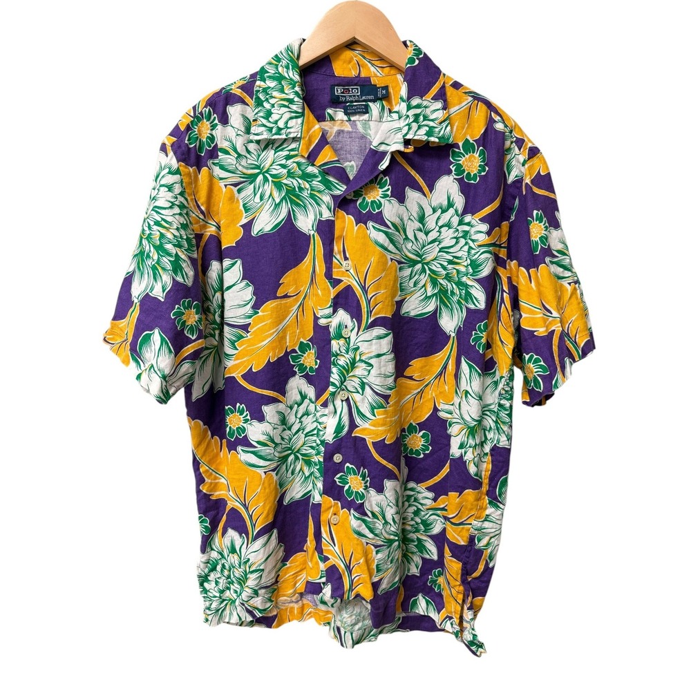 Polo Ralph Lauren Button Up Mens M Purple Floral Clayton 100% Linen Tropical Top